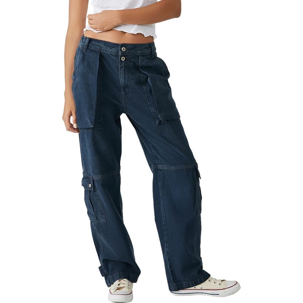 Free People We The Free Black Wash Marx Cargo Baggy Laid Back Denim Pants Jeans